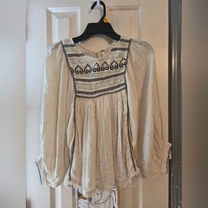 Free People Ivory Blouse with Black Embroidery